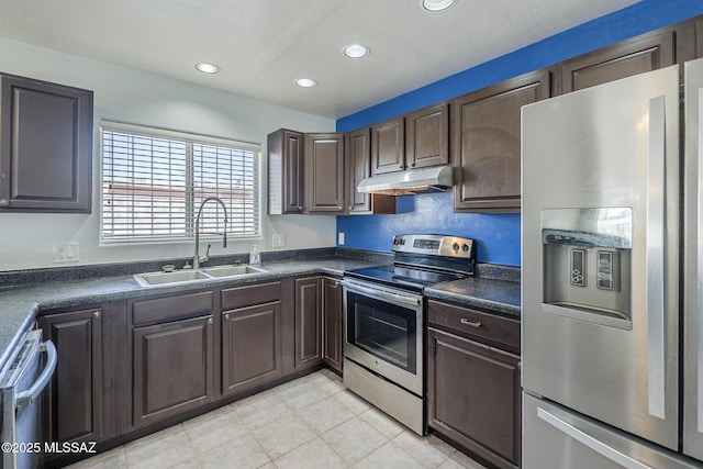 kitchen with stainless steel appliances, a sink, under cabinet range hood, dark countertops, and recessed lighting