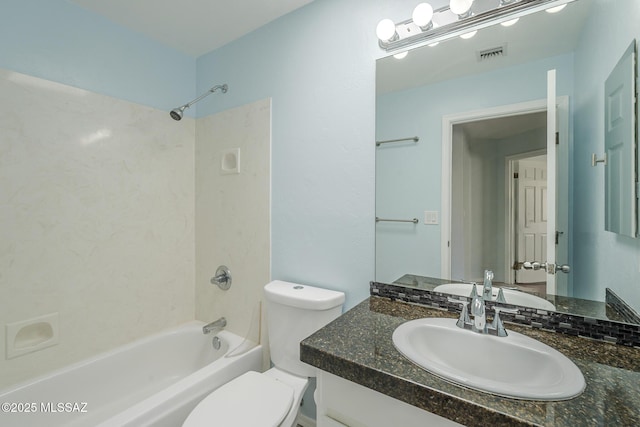 full bath with bathing tub / shower combination, toilet, and vanity