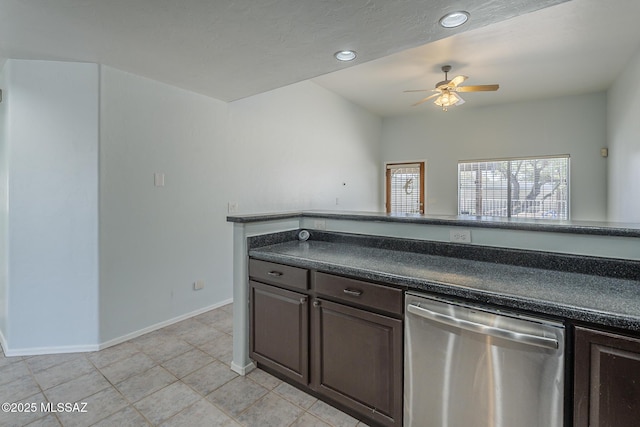 kitchen featuring stainless steel dishwasher, dark countertops, ceiling fan, baseboards, and recessed lighting