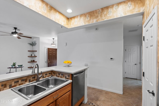 472 W Calle Sedillo, Sahuarita, AZ 85629 - kitchen featuring dishwasher, a sink, a ceiling fan, light countertops, and light tile patterned floors