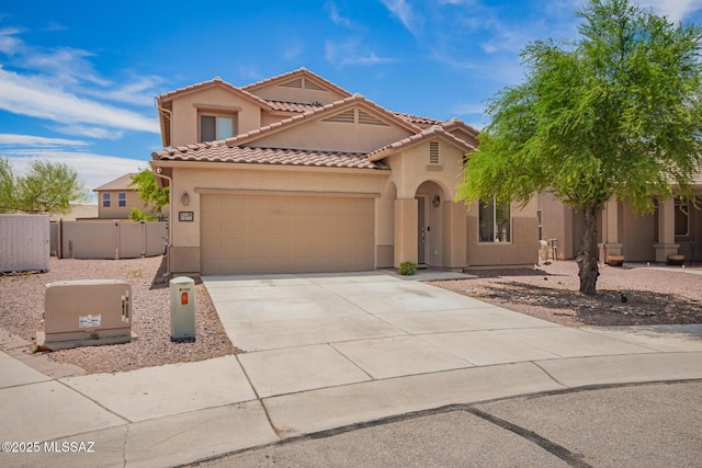 21185 E Reunion Rd, Red Rock, AZ 85145 - mediterranean / spanish house featuring a garage, stucco siding, driveway, fence, and a tiled roof