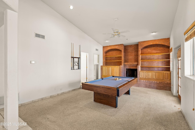 12220 E 5th St, Tucson, AZ 85748 - rec room with carpet, billiards table, ceiling fan, a fireplace, and lofted ceiling