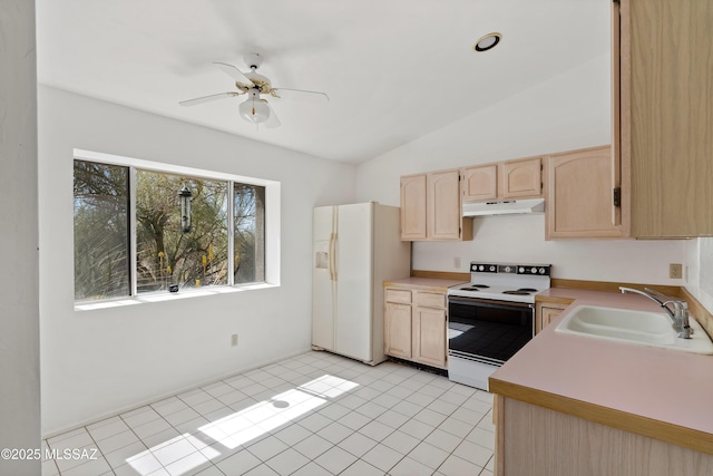 12220 E 5th St, Tucson, AZ 85748 - kitchen with white appliances, light brown cabinets, under cabinet range hood, a sink, and light countertops