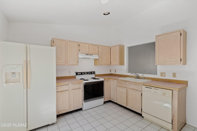 12220 E 5th St, Tucson, AZ 85748 - kitchen featuring white appliances, light brown cabinetry, under cabinet range hood, a sink, and light countertops