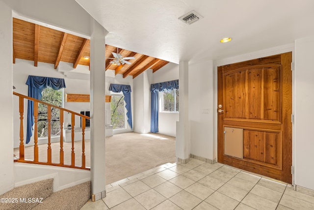 12220 E 5th St, Tucson, AZ 85748 - entryway with light colored carpet, wood ceiling, stairs, light tile patterned flooring, and a ceiling fan