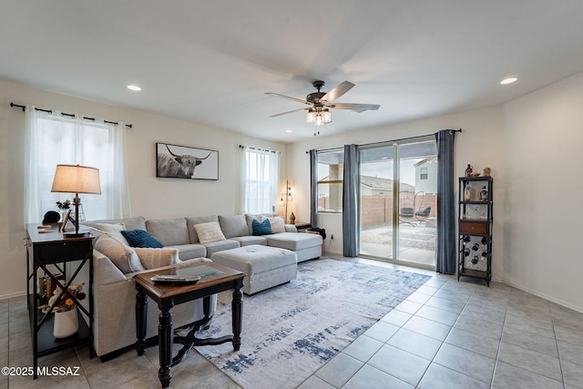 11267 S Weismann Dr, Vail, AZ 85641 - living room featuring a ceiling fan, light tile patterned flooring, recessed lighting, and baseboards
