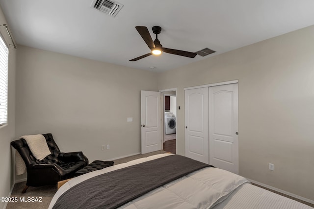 10676 S Miramar Canyon Pass, Vail, AZ 85641 - carpeted bedroom featuring washer / dryer, a closet, baseboards, and ceiling fan