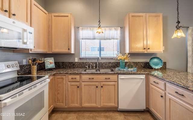 9664 E Paseo, San Rosendo, Tucson, AZ 85747 - kitchen featuring white appliances, a sink, light brown cabinets, pendant lighting, and dark stone countertops