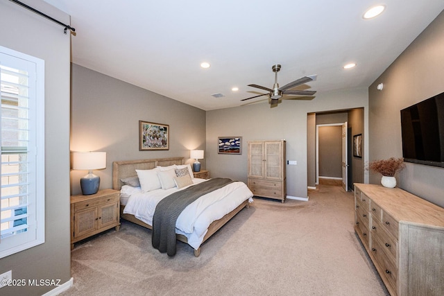 4762 W Placita Casa Sevilla, Marana, AZ 85658 - bedroom featuring light carpet, baseboards, recessed lighting, and ceiling fan
