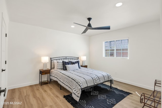 2610 E Elm St, Tucson, AZ 85716 - bedroom with light wood-style floors, baseboards, recessed lighting, and ceiling fan