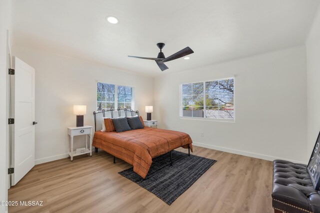 2610 E Elm St, Tucson, AZ 85716 - bedroom with light wood finished floors, baseboards, recessed lighting, and ceiling fan