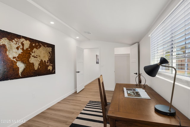2610 E Elm St, Tucson, AZ 85716 - office area featuring light wood-style flooring, lofted ceiling, recessed lighting, and baseboards