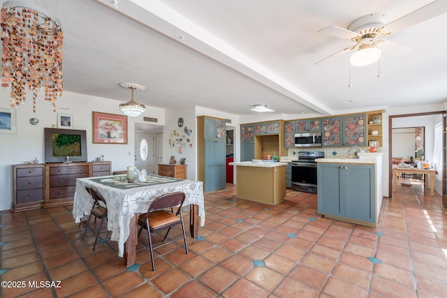 2621 W Rapallo Way, Tucson, AZ 85741 - dining room featuring a ceiling fan, light tile patterned flooring, and beam ceiling