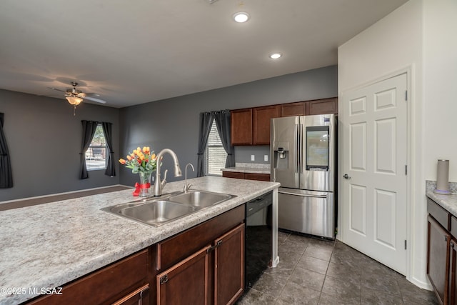 8045 S Red Sox Rd, Tucson, AZ 85756 - kitchen featuring stainless steel fridge with ice dispenser, a sink, dishwasher, ceiling fan, and light countertops