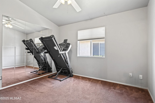 8807 S Desert Rainbow Dr, Tucson, AZ 85747 - workout area featuring ceiling fan, carpet floors, baseboards, and vaulted ceiling