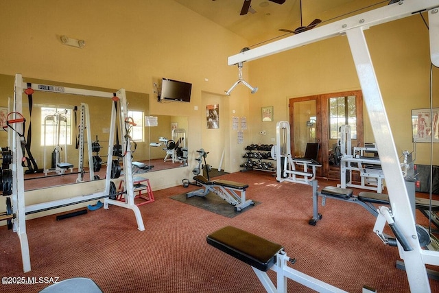 110 Post Way, Tubac, AZ 85646 - gym featuring a ceiling fan, high vaulted ceiling, plenty of natural light, and carpet floors