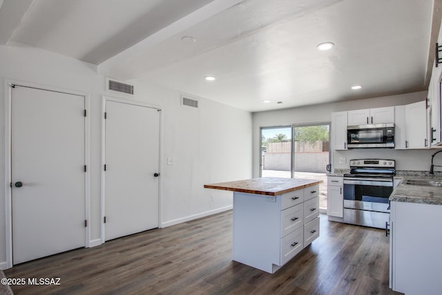 9570 E Sellarole Rd, Tucson, AZ 85730 - kitchen with appliances with stainless steel finishes, butcher block counters, a sink, white cabinets, and dark wood-style floors