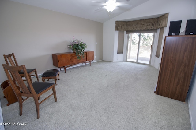 4416 N Saddle View Dr, Tucson, AZ 85750 - sitting room featuring lofted ceiling, light colored carpet, a ceiling fan, and baseboards