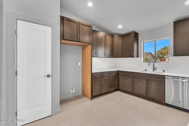 8046 S New Abbey Dr, Tucson, AZ 85747 - kitchen featuring stainless steel dishwasher, a sink, backsplash, light countertops, and recessed lighting