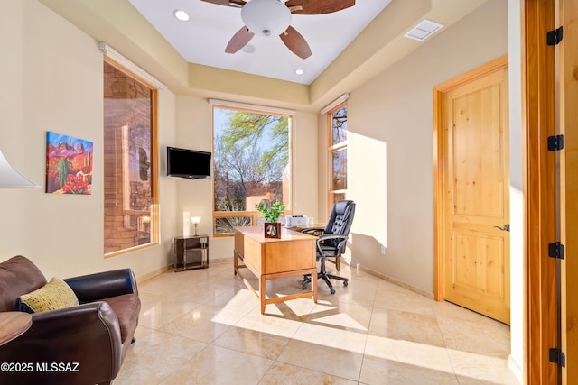 545 E Thunderstorm Pl, Oro Valley, AZ 85755 - office featuring ceiling fan, light tile patterned floors, and recessed lighting