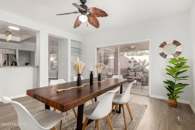 9870 N Meadow Flower Pl, Tucson, AZ 85742 - dining space featuring ceiling fan, healthy amount of natural light, light wood finished floors, and baseboards