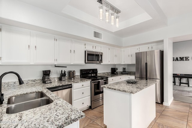 9870 N Meadow Flower Pl, Tucson, AZ 85742 - kitchen featuring stainless steel appliances, a sink, a tray ceiling, white cabinets, and light stone counters