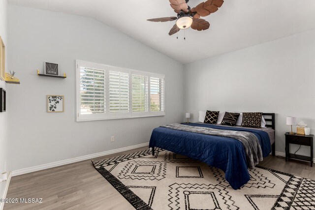 9870 N Meadow Flower Pl, Tucson, AZ 85742 - bedroom featuring wood finished floors, lofted ceiling, and baseboards