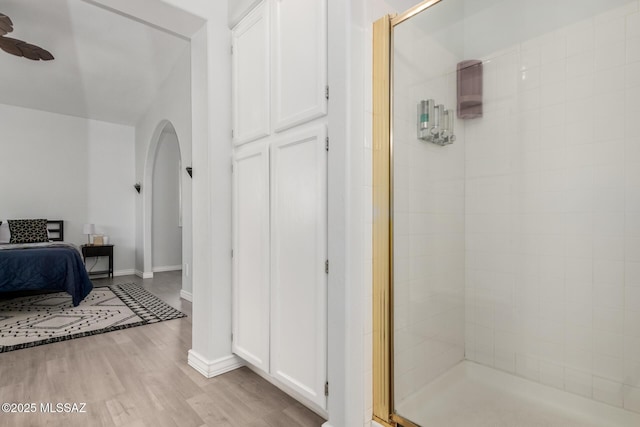 9870 N Meadow Flower Pl, Tucson, AZ 85742 - full bath with a shower stall, wood finished floors, ceiling fan, baseboards, and ensuite bathroom