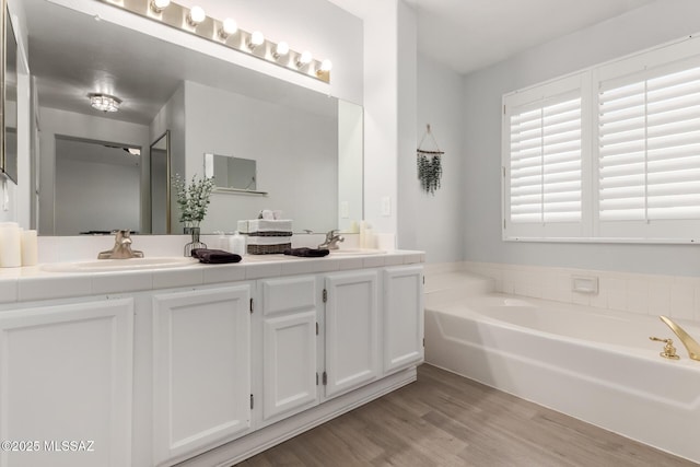 9870 N Meadow Flower Pl, Tucson, AZ 85742 - bathroom with a bath, wood finished floors, and double vanity
