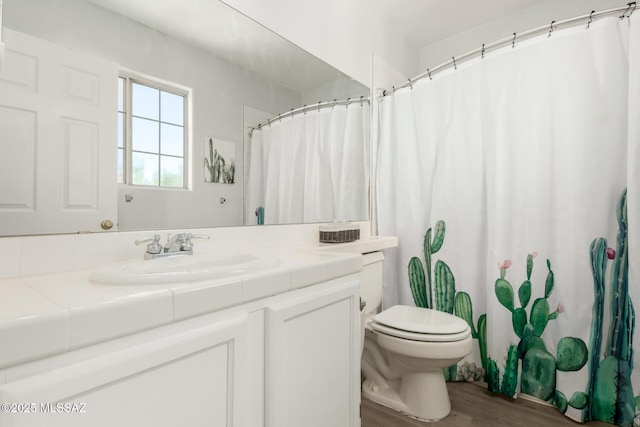 9870 N Meadow Flower Pl, Tucson, AZ 85742 - bathroom with toilet, vanity, wood finished floors, and curtained shower