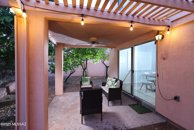 9870 N Meadow Flower Pl, Tucson, AZ 85742 - view of patio featuring a ceiling fan, fence, and a pergola