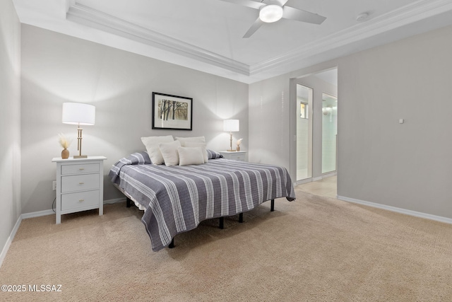 7106 W Foothills Acacia Pl, Marana, AZ 85658 - bedroom with light carpet, ornamental molding, a tray ceiling, baseboards, and ceiling fan
