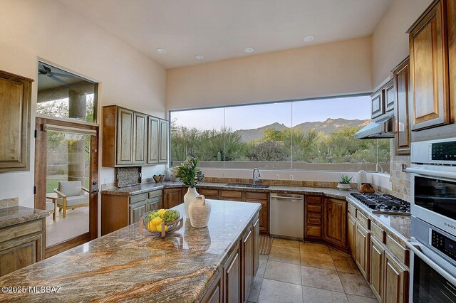 5269 N Pontatoc Rd, Tucson, AZ 85718 - kitchen featuring stainless steel appliances, a sink, dark stone countertops, recessed lighting, and a ceiling fan