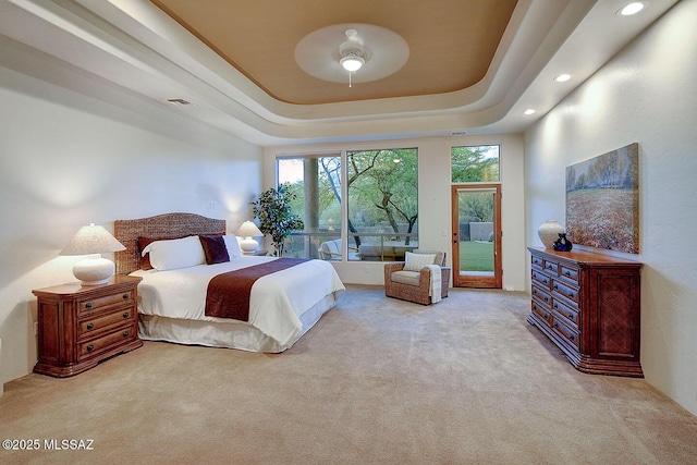 5269 N Pontatoc Rd, Tucson, AZ 85718 - carpeted bedroom featuring recessed lighting, a tray ceiling, and ceiling fan