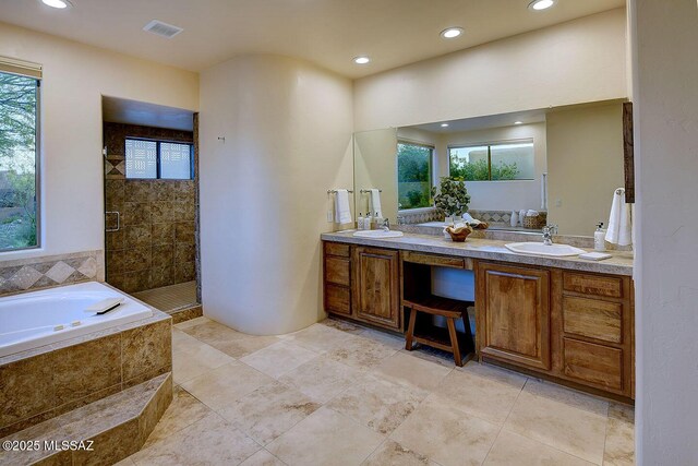 5269 N Pontatoc Rd, Tucson, AZ 85718 - bathroom with recessed lighting, a bath, a shower stall, and double vanity