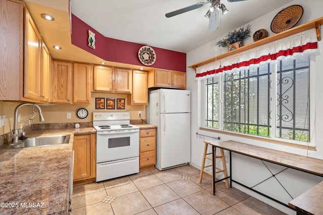 1018 Cll De La Temporada, Green Valley, AZ 85614 - kitchen with white appliances, a sink, ceiling fan, light tile patterned flooring, and light countertops