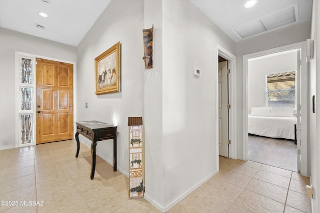 182 N Desert Park Pl, Tucson, AZ 85745 - corridor featuring light tile patterned floors, attic access, baseboards, and recessed lighting