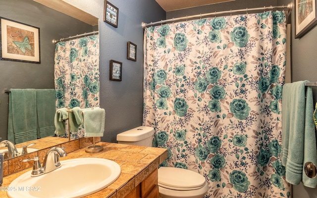 253 Grillo Ct, Rio Rico, AZ 85648 - full bath featuring toilet, a textured wall, vanity, and a shower with curtain