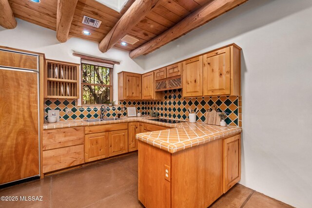 3008 E Placita Santa Lucia, Tucson, AZ 85716 - kitchen featuring a wood ceiling with exposed beams, tile countertops, black electric stovetop, recessed lighting, and tasteful backsplash
