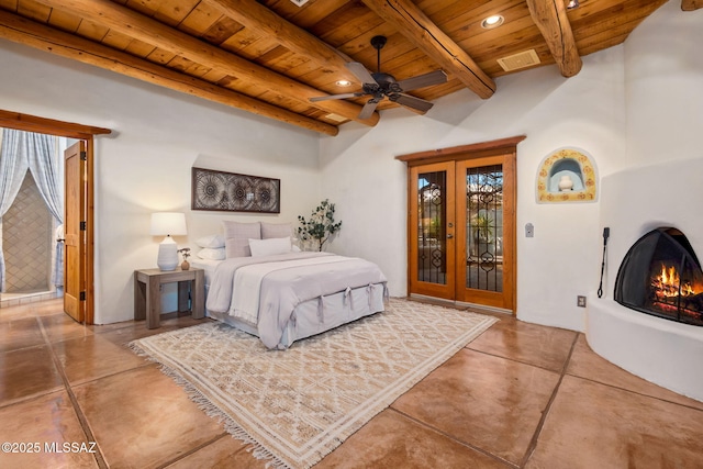 3008 E Placita Santa Lucia, Tucson, AZ 85716 - bedroom featuring a wooden ceiling with exposed beams, finished concrete floors, access to exterior, french doors, and recessed lighting