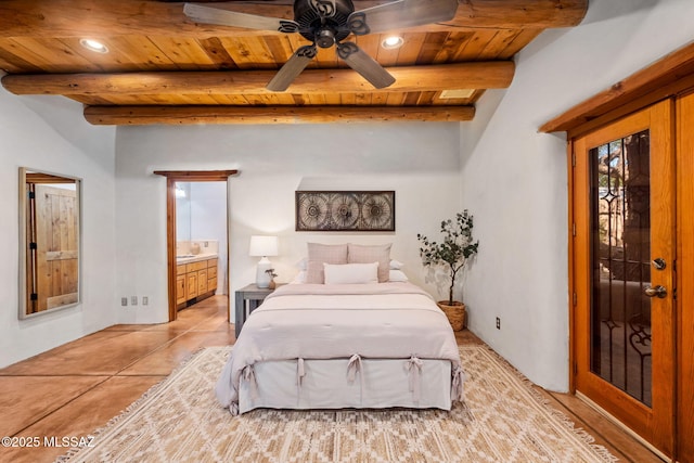 3008 E Placita Santa Lucia, Tucson, AZ 85716 - bedroom with a wooden ceiling with exposed beams, recessed lighting, and ensuite bathroom