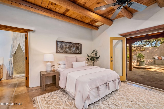 3008 E Placita Santa Lucia, Tucson, AZ 85716 - bedroom featuring a wood ceiling with exposed beams, access to exterior, finished concrete floors, and ceiling fan