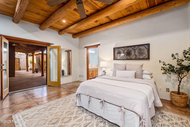 3008 E Placita Santa Lucia, Tucson, AZ 85716 - bedroom with a wood ceiling with exposed beams, french doors, access to exterior, concrete flooring, and recessed lighting