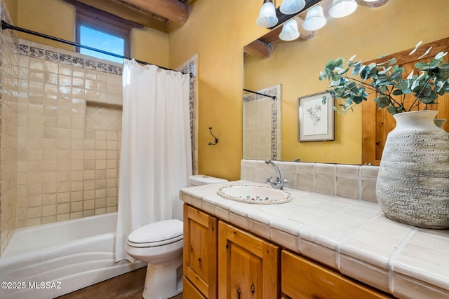 3008 E Placita Santa Lucia, Tucson, AZ 85716 - bathroom featuring shower / tub combo, vanity, and beamed ceiling