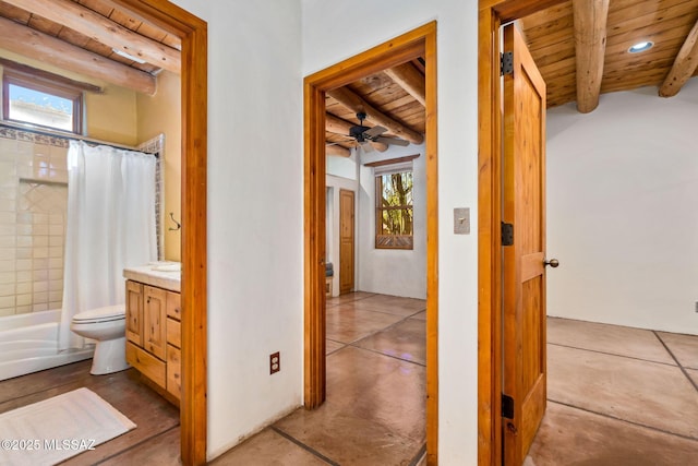 3008 E Placita Santa Lucia, Tucson, AZ 85716 - full bath featuring a wood ceiling with exposed beams, vanity, shower / bathtub combination with curtain, concrete floors, and ceiling fan