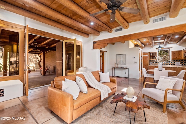 3008 E Placita Santa Lucia, Tucson, AZ 85716 - living area with a wood ceiling with exposed beams, a ceiling fan, and recessed lighting