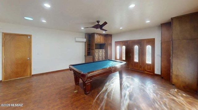 rec room with recessed lighting, ceiling fan, baseboards, pool table, and wood finished floors
