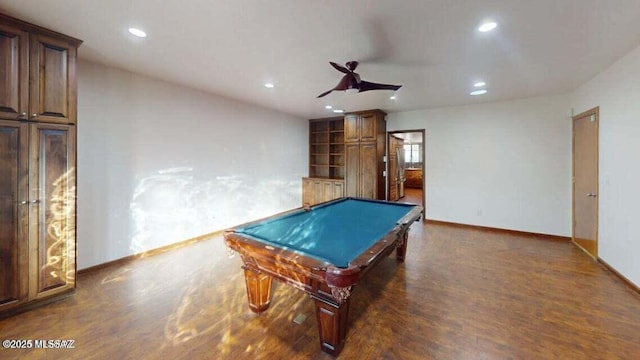 rec room with wood finished floors, recessed lighting, billiards, baseboards, and a ceiling fan