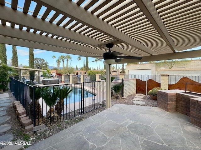 view of patio / terrace featuring a fenced backyard, a pergola, and a ceiling fan
