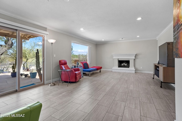 2282 W Rapallo Way, Tucson, AZ 85741 - living room featuring ornamental molding, baseboards, a fireplace with raised hearth, a textured ceiling, and recessed lighting
